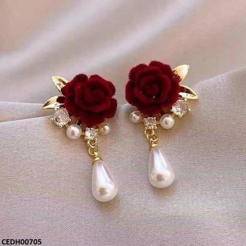 CEDH00705 LSH Rose Flower Pearl Drop Earrings - CEDH