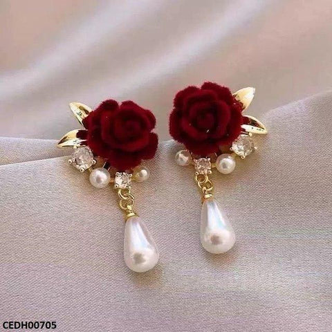 CEDH00705 LSH Rose Flower Pearl Drop Earrings - CEDH