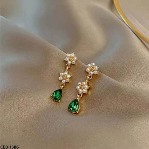 CEDH386 SYB Flower Green Tear Drop Earrings Pair - CEDH