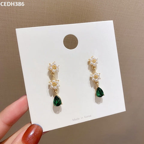 CEDH386 SYB Flower Green Tear Drop Earrings Pair - CEDH