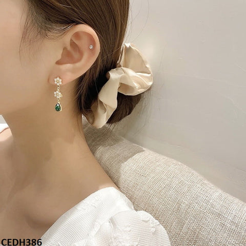 CEDH386 SYB Flower Green Tear Drop Earrings Pair - CEDH