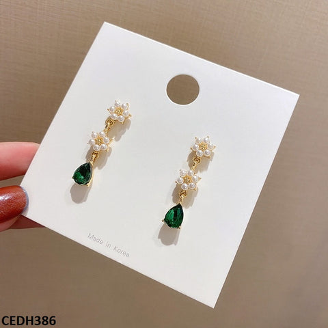 CEDH386 SYB Flower Green Tear Drop Earrings Pair - CEDH