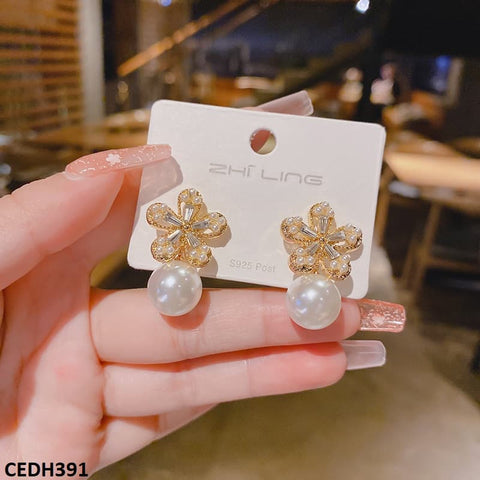 CEDH391 ZHL Flower/Pearl  Drop Earrings Pair - CEDH