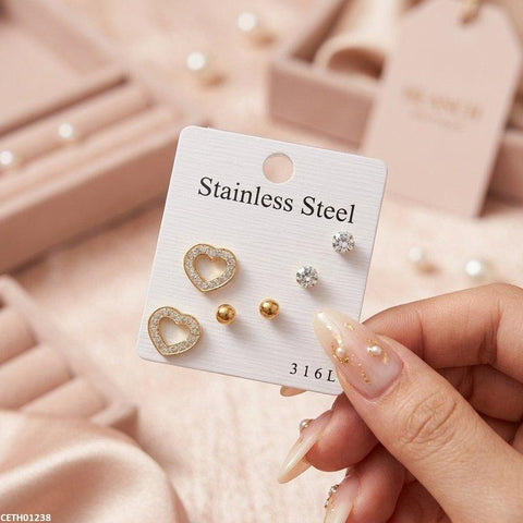 CETH01238 XAS Heart/Round Stainless Steel 3 Tops Pairs - CETH