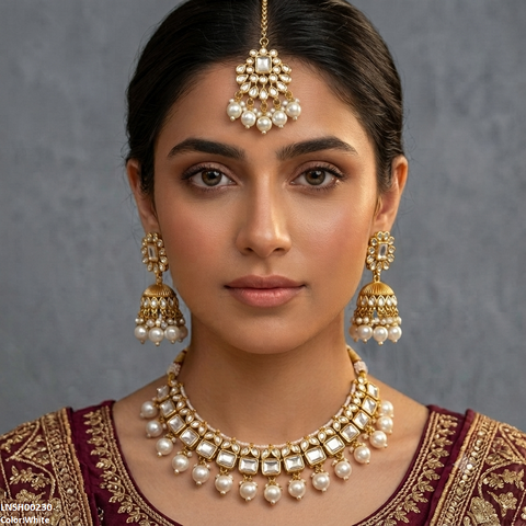 LNSH00230  ANI Oval Pearl Drop Rajwari Necklace Set - LNSH