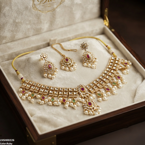 LNSH00226 ANI Flower Square Stone Pearl Drop Rajwari Necklace Set - LNSH