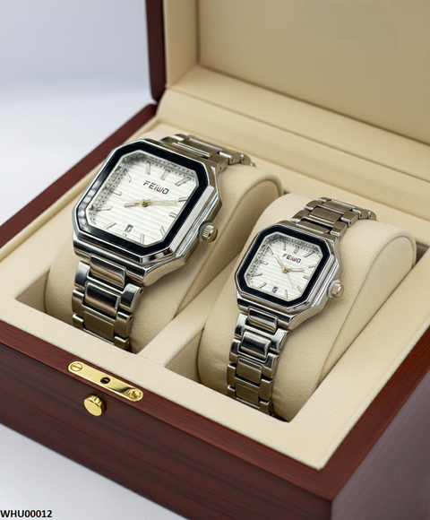 WHU00012 HWR Square White Dial Couple Watch - WHU