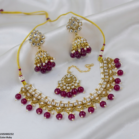 LNSH00232 ANI Square Stone Pearl Drop Rajwari Necklace Set - LNSH