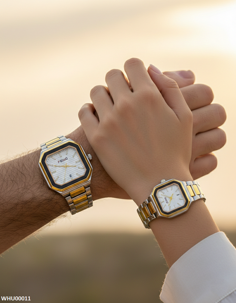 WHU00011 HWR Square White Dial Couple Watch - WHU