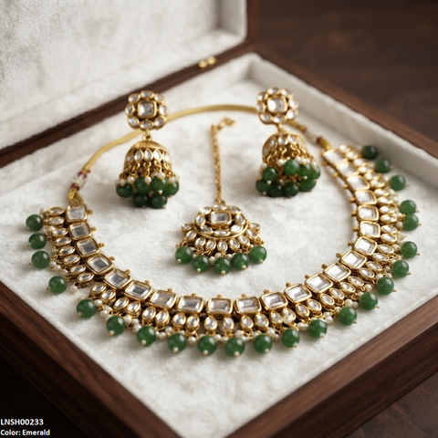 LNSH00233 ANI Square/Oval Stone Pearl Drop Rajwari Necklace Set - LNSH