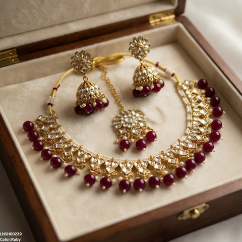 LNSH00229 ANI Tear/Square Pearl Drop Rajwari Necklace Set - LNSH