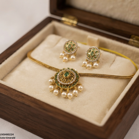 LNSH00224 ANI Oval Flower Pearl Drop South Indian Necklace Set - LNSH