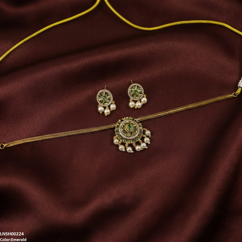 LNSH00224 ANI Oval Flower Pearl Drop South Indian Necklace Set - LNSH