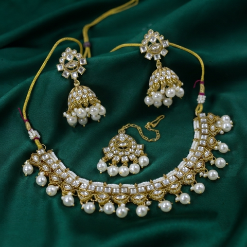 LNSH00232 ANI Square Stone Pearl Drop Rajwari Necklace Set - LNSH