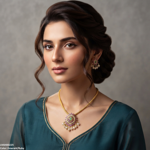 LNSH00225  ANI Flower Pearl Drop South Indian Necklace Set - LNSH