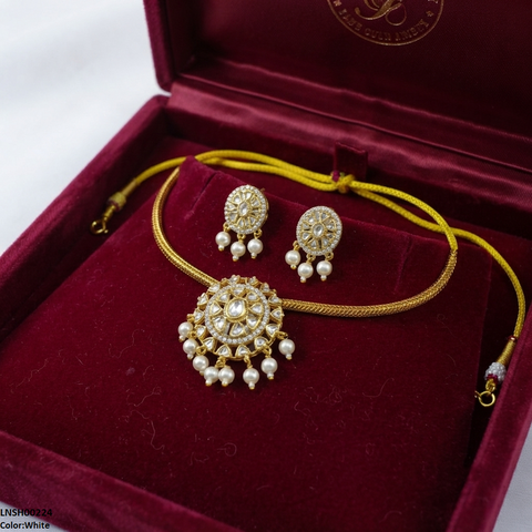 LNSH00224 ANI Oval Flower Pearl Drop South Indian Necklace Set - LNSH