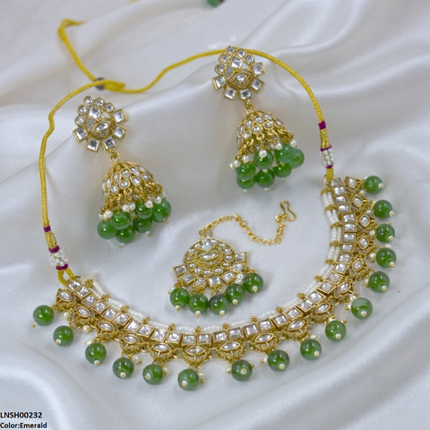 LNSH00232 ANI Square Stone Pearl Drop Rajwari Necklace Set - LNSH