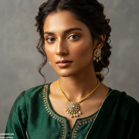 LNSH00224 ANI Oval Flower Pearl Drop South Indian Necklace Set - LNSH