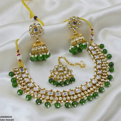 LNSH00233 ANI Square/Oval Stone Pearl Drop Rajwari Necklace Set - LNSH