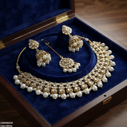 LNSH00235 ANI Round Flower Pearl Drop Rajwari Necklace Set - LNSH