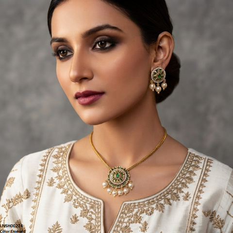 LNSH00224 ANI Oval Flower Pearl Drop South Indian Necklace Set - LNSH