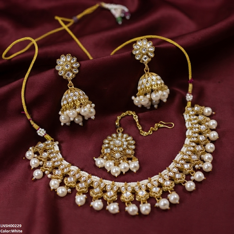 LNSH00229 ANI Tear/Square Pearl Drop Rajwari Necklace Set - LNSH