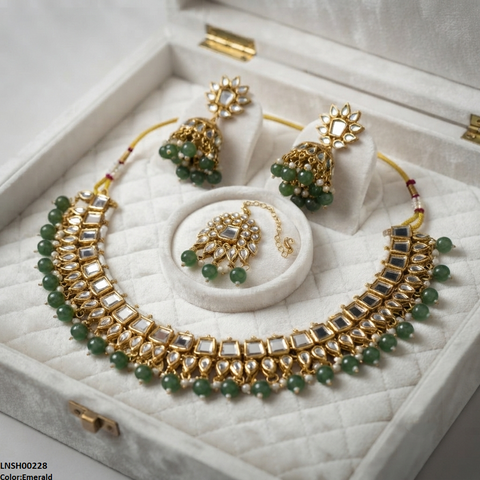 LNSH00228 ANI Square/Tear Pearl Drop Rajwari Necklace Set - LNSH