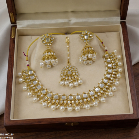 LNSH00228 ANI Square/Tear Pearl Drop Rajwari Necklace Set - LNSH