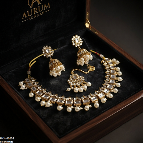 LNSH00238 ANI Square Pearl Drop Necklace Set - LNSH