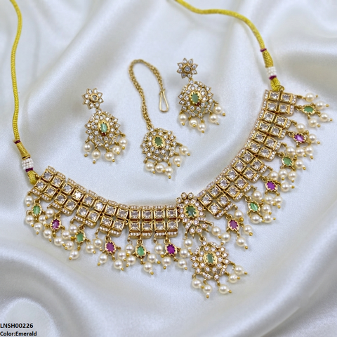LNSH00226 ANI Flower Square Stone Pearl Drop Rajwari Necklace Set - LNSH