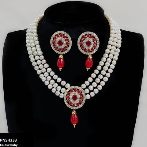 PNSH233 SDQ Flower Pearl Drop Necklace Set - PNSH