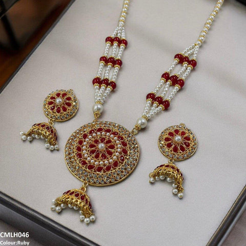 CMLH046 SDQ Cut Jhumki Drop Pearl Mala- CMLH