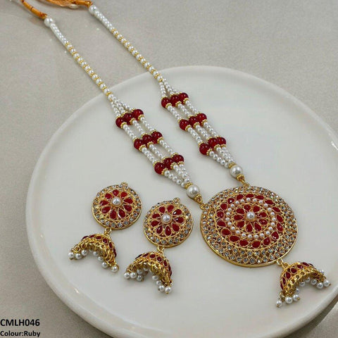 CMLH046 SDQ Cut Jhumki Drop Pearl Mala- CMLH