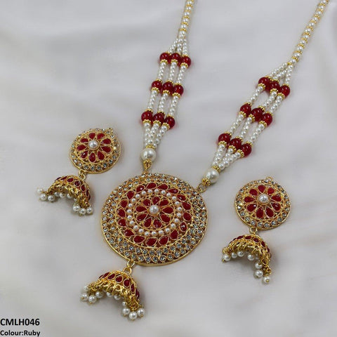 CMLH046 SDQ Cut Jhumki Drop Pearl Mala- CMLH