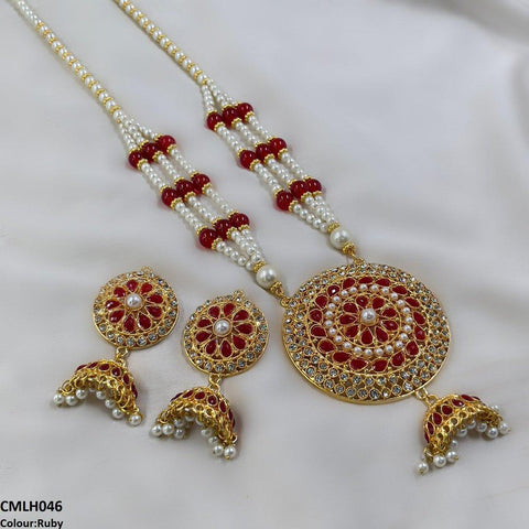 CMLH046 SDQ Cut Jhumki Drop Pearl Mala- CMLH