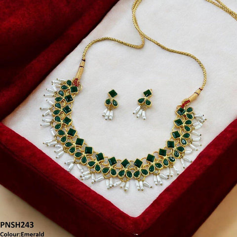 PNSH243 FRN Square/Pearl Drop Necklace Set - PNSH