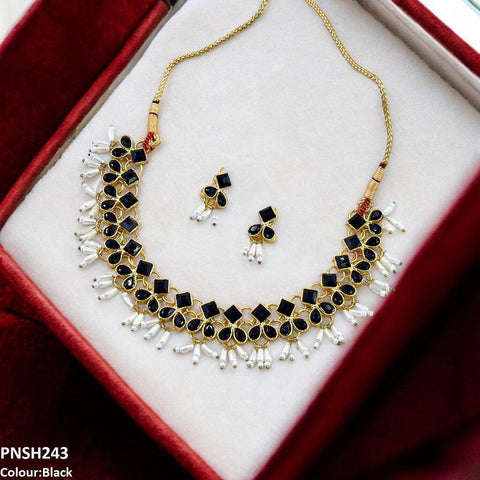 PNSH243 FRN Square/Pearl Drop Necklace Set - PNSH