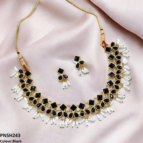 PNSH243 FRN Square/Pearl Drop Necklace Set - PNSH