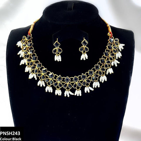 PNSH243 FRN Square/Pearl Drop Necklace Set - PNSH