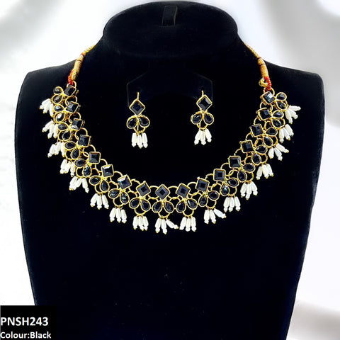 PNSH243 FRN Square/Pearl Drop Necklace Set - PNSH