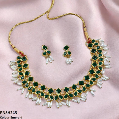 PNSH243 FRN Square/Pearl Drop Necklace Set - PNSH
