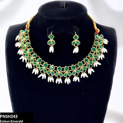 PNSH243 FRN Square/Pearl Drop Necklace Set - PNSH