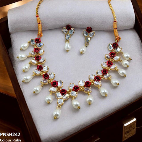 PNSH242 SDQ Flower/Pearl Drop Necklace Set - PNSH