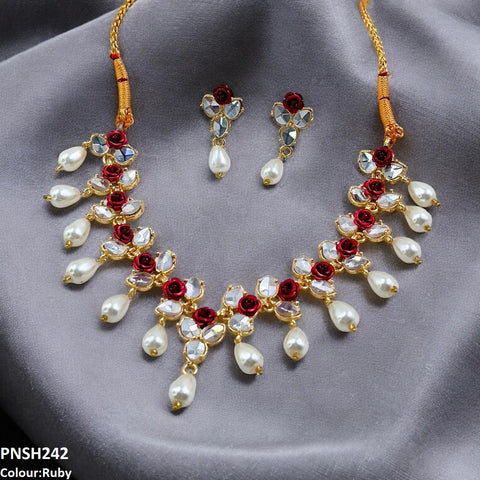PNSH242 SDQ Flower/Pearl Drop Necklace Set - PNSH