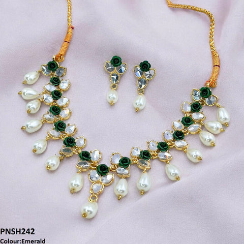 PNSH242 SDQ Flower/Pearl Drop Necklace Set - PNSH