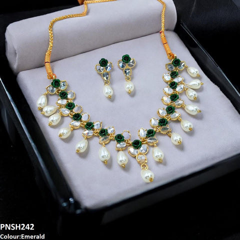 PNSH242 SDQ Flower/Pearl Drop Necklace Set - PNSH