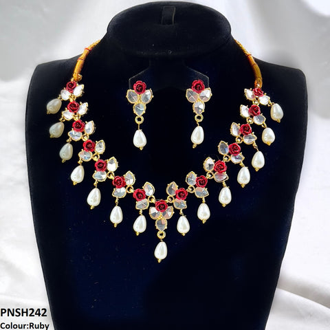 PNSH242 SDQ Flower/Pearl Drop Necklace Set - PNSH