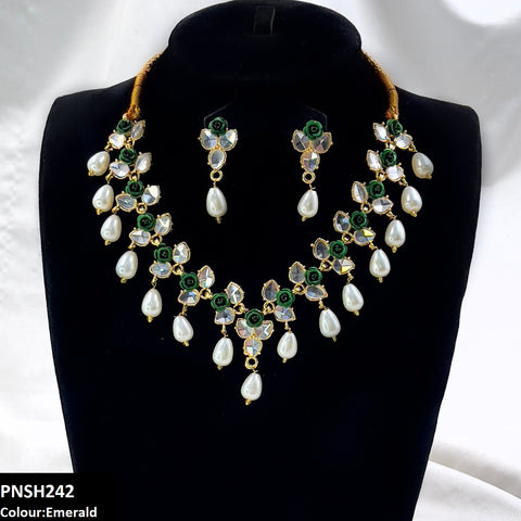PNSH242 SDQ Flower/Pearl Drop Necklace Set - PNSH