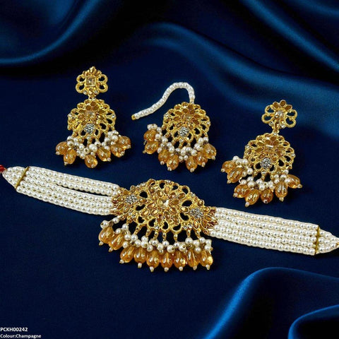 PCKH00242 MZM Square Flower Pearl Drop Choker Set - PCKH