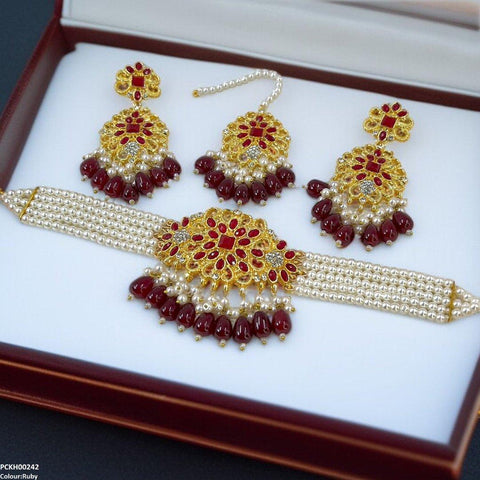 PCKH00242 MZM Square Flower Pearl Drop Choker Set - PCKH